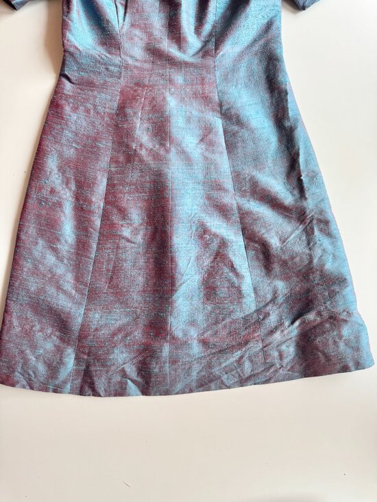 Vintage 60's Unbranded Iridescent Blue Dupioni Silk A-Line Dress, Size S - Picture 8 of 11